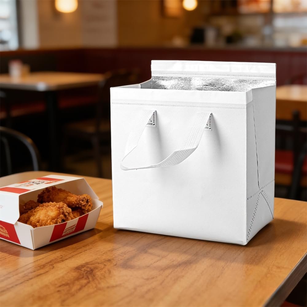 Set de 25 Bolsas Térmicas Personalizadas para Llevar, Pequeñas Neveras Térmicas para Alimentos, Delivery y Almacenamiento de Comida Fría y Caliente, 9.3 x 5.9 x 9.4 Pulgadas, Marca Blanca, Proveedor de Soluciones Eficientes.
