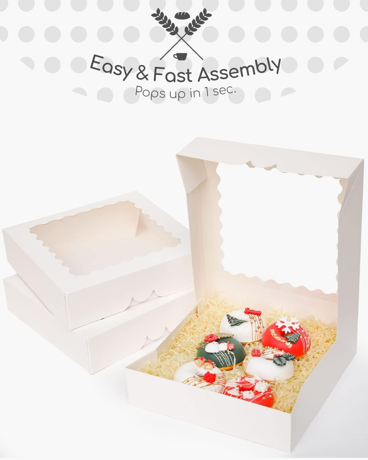 Caja de pastelería blanca con ventana 8x8x2.5 pulgadas, pack de 12 piezas, ideal para donuts y tartas, marca blanca, productos de Fábrica. Caja de pastelería blanca con ventana 8x8x2.5 pulgadas, pack de 12 piezas, ideal para donuts y tartas, marca blanca, productos de Fábrica.