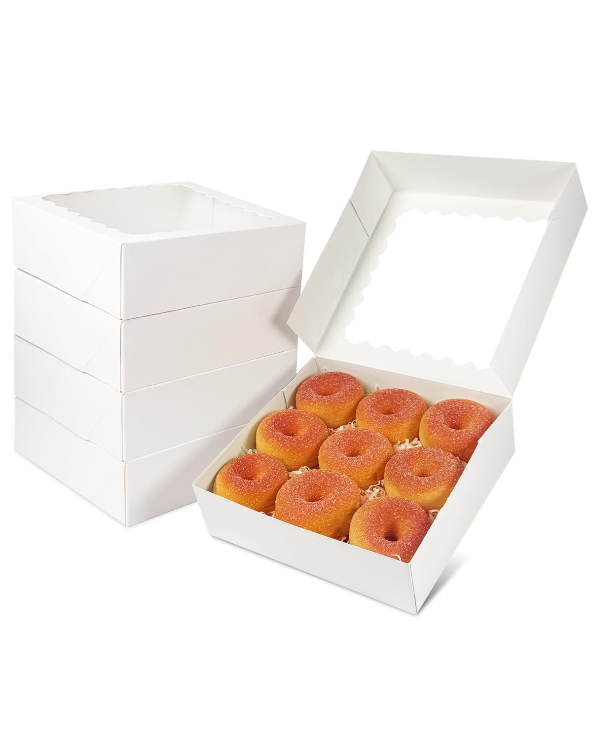 Caja de pastelería blanca con ventana 8x8x2.5 pulgadas, pack de 12 piezas, ideal para donuts y tartas, marca blanca, productos de Fábrica. Caja de pastelería blanca con ventana 8x8x2.5 pulgadas, pack de 12 piezas, ideal para donuts y tartas, marca blanca, productos de Fábrica.