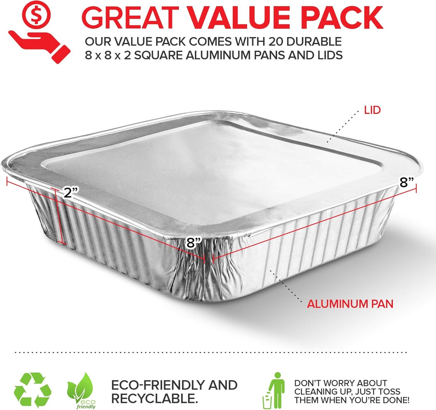 Logo Personalizado - 20 Paquetes de Bandejas de Aluminio Desechables de 8x8 Pulgadas con Tapa, Ideales para Hornear, Cocinar, Calentar, Almacenar y Preparar Alimentos - Marca Blanca de Proveedor