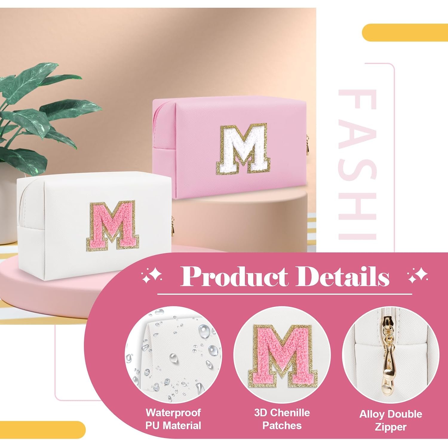 Logo Personalizado Bolsa de Maquillaje Pequeña con Inicial A-Z en Parcha, Neceser de Cosméticos de Cuero PU blanco, Ideal como Regalo para Mujeres y Chicas Jóvenes, Marca Blanca de Fábrica.