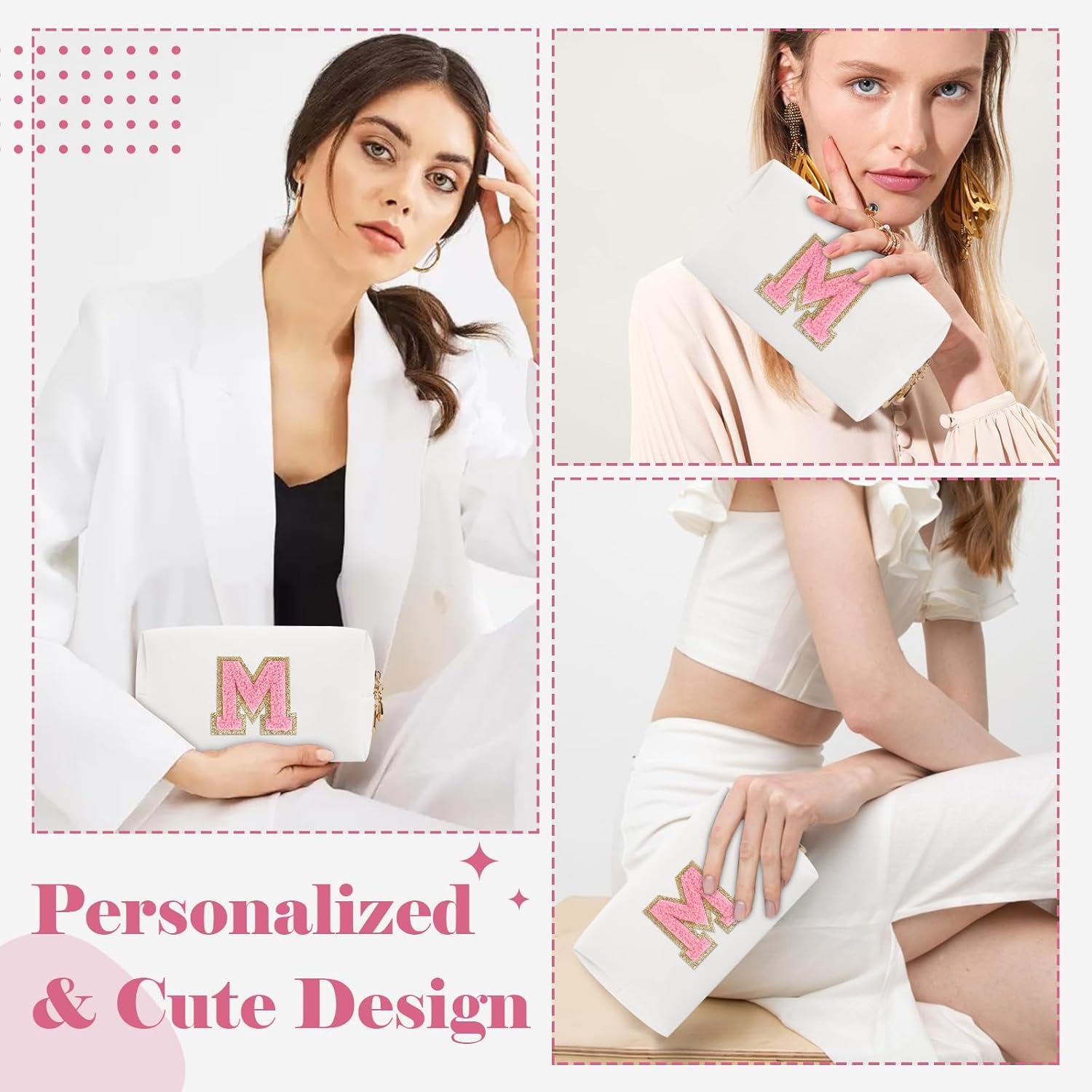 Logo Personalizado Bolsa de Maquillaje Pequeña con Inicial A-Z en Parcha, Neceser de Cosméticos de Cuero PU blanco, Ideal como Regalo para Mujeres y Chicas Jóvenes, Marca Blanca de Fábrica.