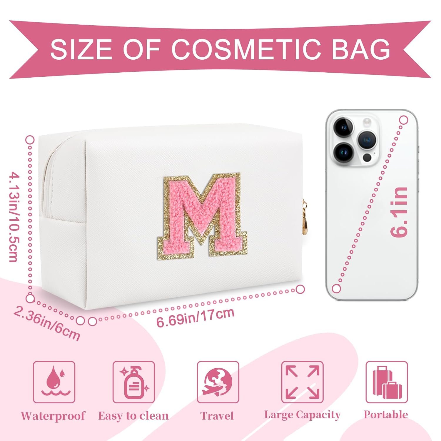 Logo Personalizado Bolsa de Maquillaje Pequeña con Inicial A-Z en Parcha, Neceser de Cosméticos de Cuero PU blanco, Ideal como Regalo para Mujeres y Chicas Jóvenes, Marca Blanca de Fábrica.