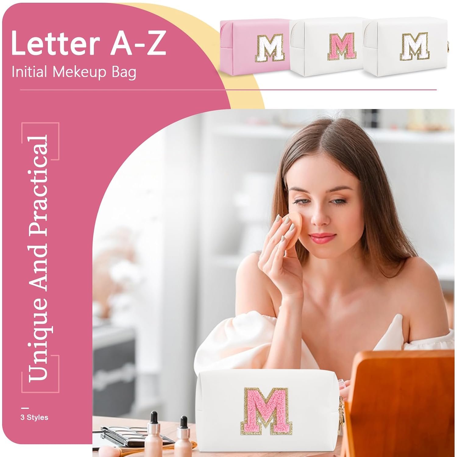 Logo Personalizado Bolsa de Maquillaje Pequeña con Inicial A-Z en Parcha, Neceser de Cosméticos de Cuero PU blanco, Ideal como Regalo para Mujeres y Chicas Jóvenes, Marca Blanca de Fábrica.