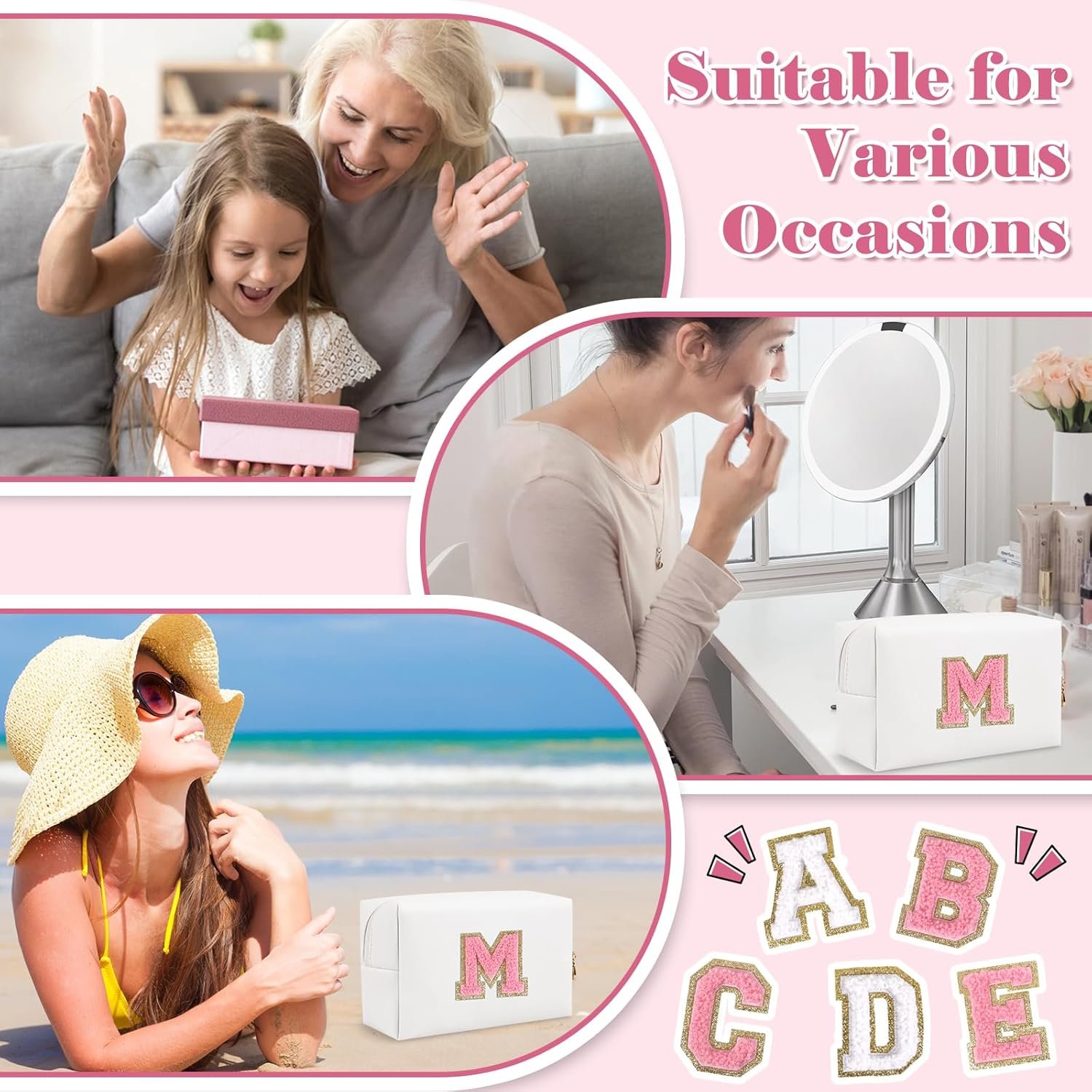 Logo Personalizado Bolsa de Maquillaje Pequeña con Inicial A-Z en Parcha, Neceser de Cosméticos de Cuero PU blanco, Ideal como Regalo para Mujeres y Chicas Jóvenes, Marca Blanca de Fábrica.