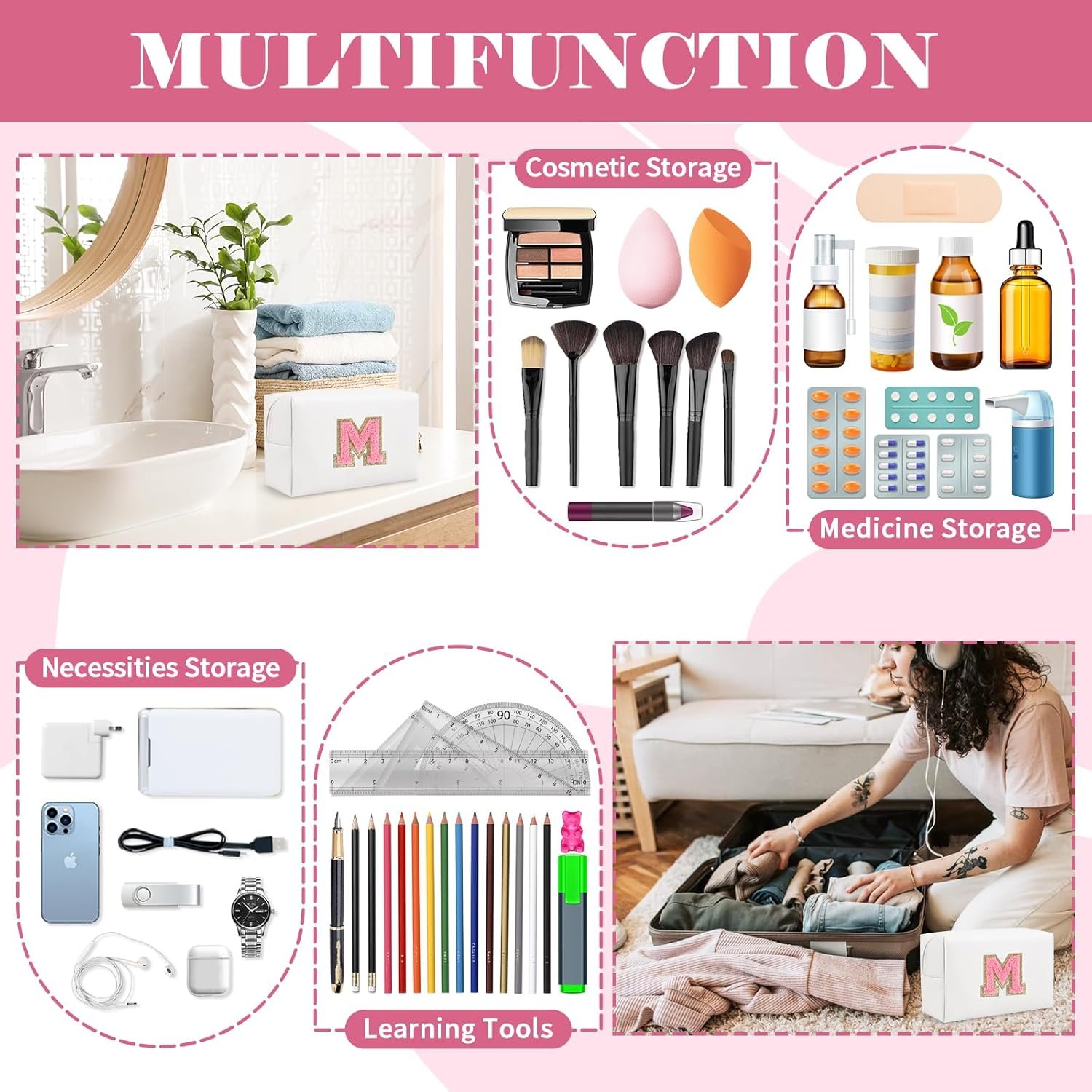 Logo Personalizado Bolsa de Maquillaje Pequeña con Inicial A-Z en Parcha, Neceser de Cosméticos de Cuero PU blanco, Ideal como Regalo para Mujeres y Chicas Jóvenes, Marca Blanca de Fábrica.