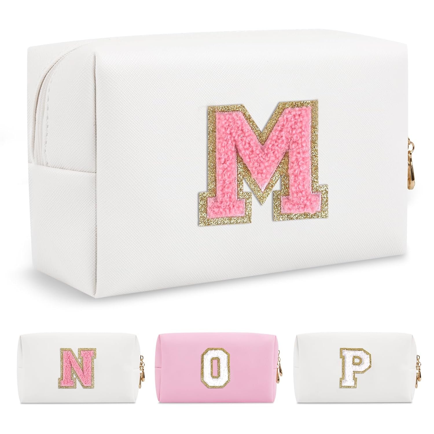 Logo Personalizado Bolsa de Maquillaje Pequeña con Inicial A-Z en Parcha, Neceser de Cosméticos de Cuero PU blanco, Ideal como Regalo para Mujeres y Chicas Jóvenes, Marca Blanca de Fábrica.