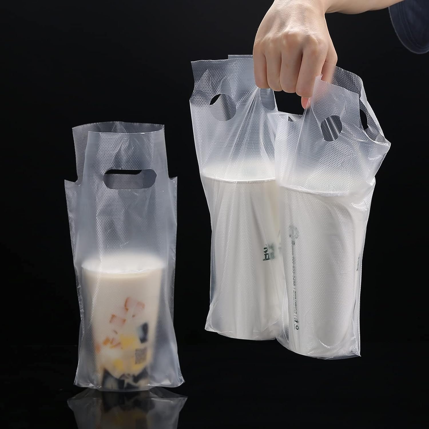 Bolsas de plástico poliéster transparentes con asa, 100 piezas, porta bebidas para entregar y llevar, soporte para vasos de bar y restaurante, suministros para cafeterías (26x30cm), Marca Blanca, Proveedor. Bolsas de plástico poliéster transparentes con asa, 100 piezas, porta bebidas para entregar y llevar, soporte para vasos de bar y restaurante, suministros para cafeterías (26x30cm), Marca Blanca, Proveedor.
