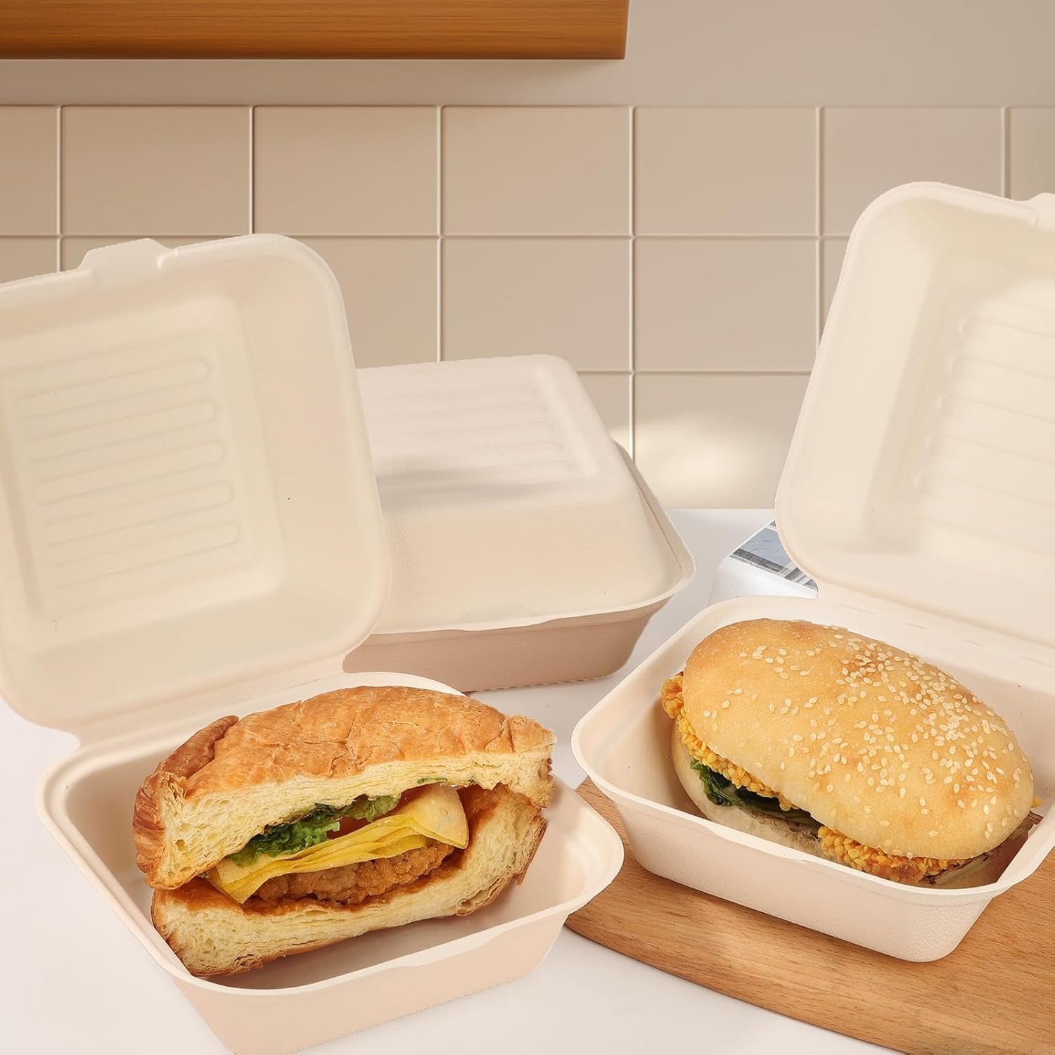 Logo Personalizado Contenedores de Comida Desechables 60 Pack 6 x 6 Pulgadas Clamshell Compostables Caja para Llevar para Sándwiches, Hamburguesas, Pasteles Proveedor.