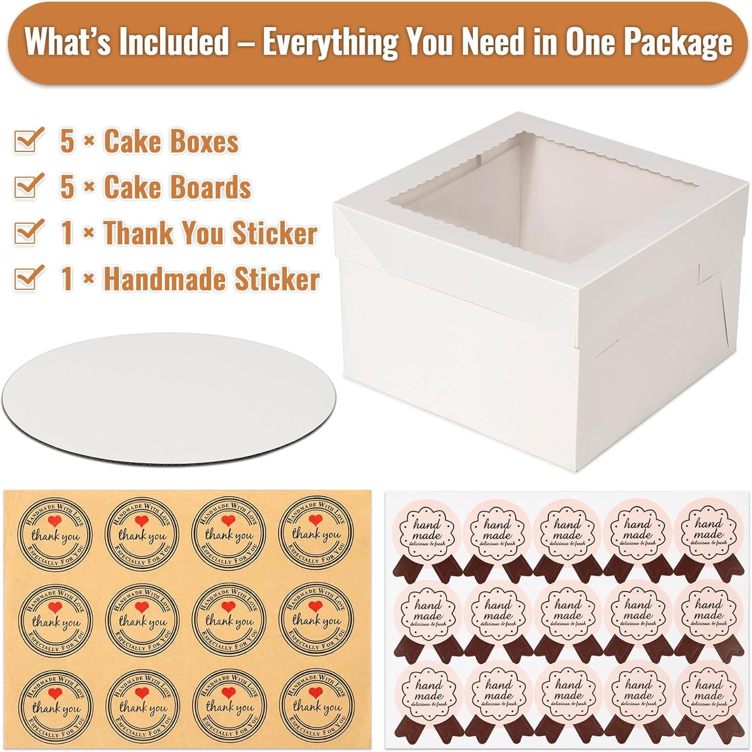 Cajas de Pasteles Marca Blanca 12 Pcs de 12 pulgadas, Cajas para Pasteles de 12x12x8 pulgadas con Ventana, 5 Pcs Cajas Altas 12x12 con 5 Pcs Tableros para Pastel, Cajas de Hornería Grandes, Contenedores Blancos para Pasteles de Capas Múltiples, Fabricante.