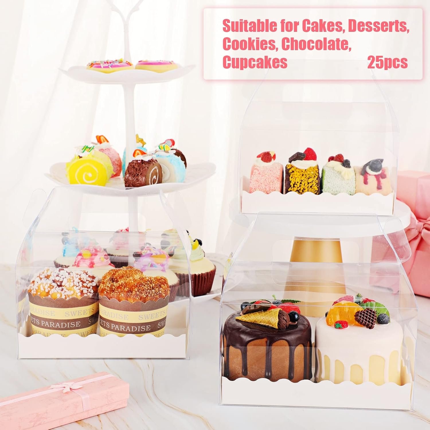 Cajas de Regalo Transparentes de 25 Pcs con Logo Personalizado para Bakery, Cajas Gable para Dulces, Postres, Cookies y Cupcakes, 6.3 x 3.6 x 3.6'', Fabricante de Soluciones para Eventos.