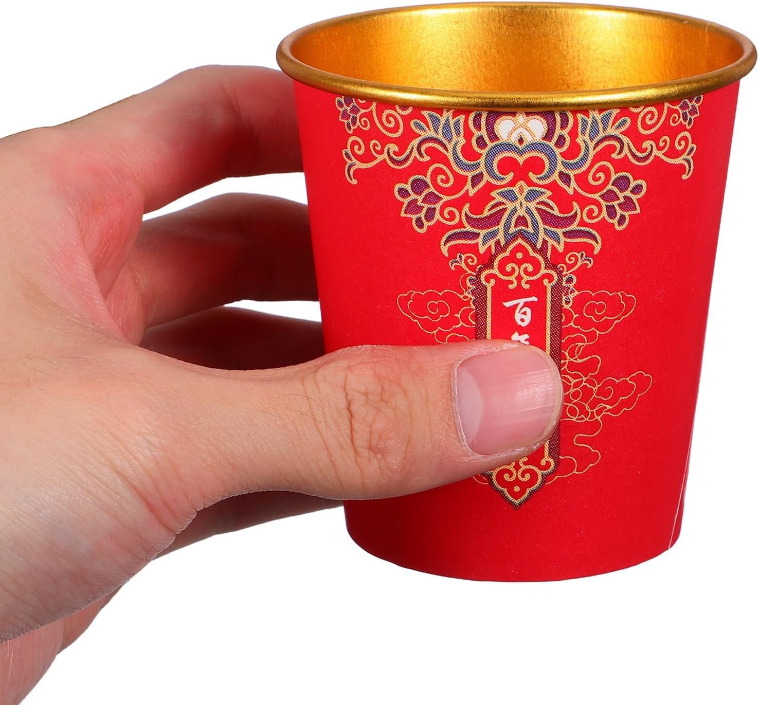 Tazas de papel desechables personalizadas con logo para bodas chinas, perfectas para el té y el café, ideales para decoración de fiestas y banquetes. Calidad garantizada del fabricante, paquete de 100 piezas en color rojo y dorado.