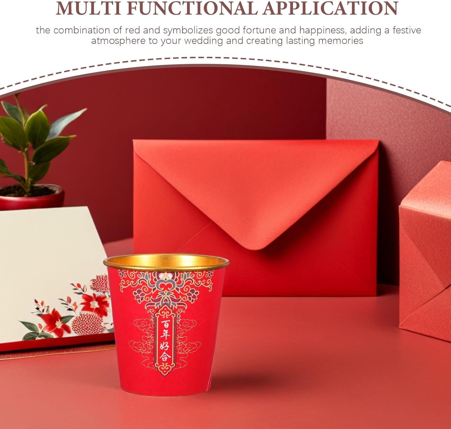 Tazas de papel desechables personalizadas con logo para bodas chinas, perfectas para el té y el café, ideales para decoración de fiestas y banquetes. Calidad garantizada del fabricante, paquete de 100 piezas en color rojo y dorado.