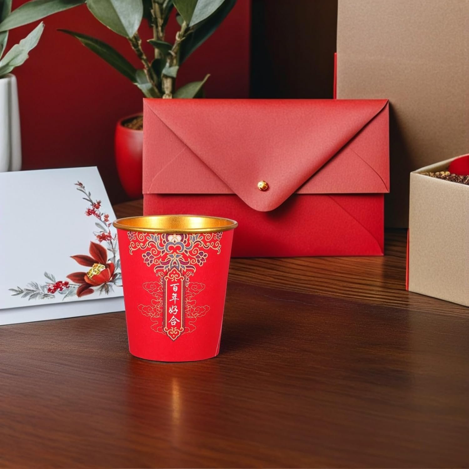 Tazas de papel desechables personalizadas con logo para bodas chinas, perfectas para el té y el café, ideales para decoración de fiestas y banquetes. Calidad garantizada del fabricante, paquete de 100 piezas en color rojo y dorado.