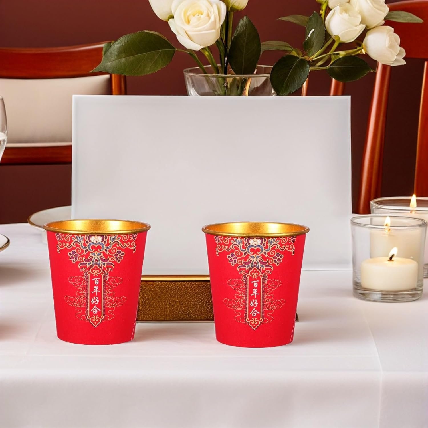 Tazas de papel desechables personalizadas con logo para bodas chinas, perfectas para el té y el café, ideales para decoración de fiestas y banquetes. Calidad garantizada del fabricante, paquete de 100 piezas en color rojo y dorado.