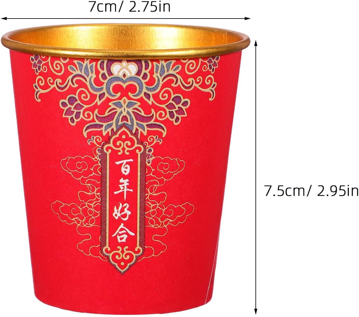Tazas de papel desechables personalizadas con logo para bodas chinas, perfectas para el té y el café, ideales para decoración de fiestas y banquetes. Calidad garantizada del fabricante, paquete de 100 piezas en color rojo y dorado.