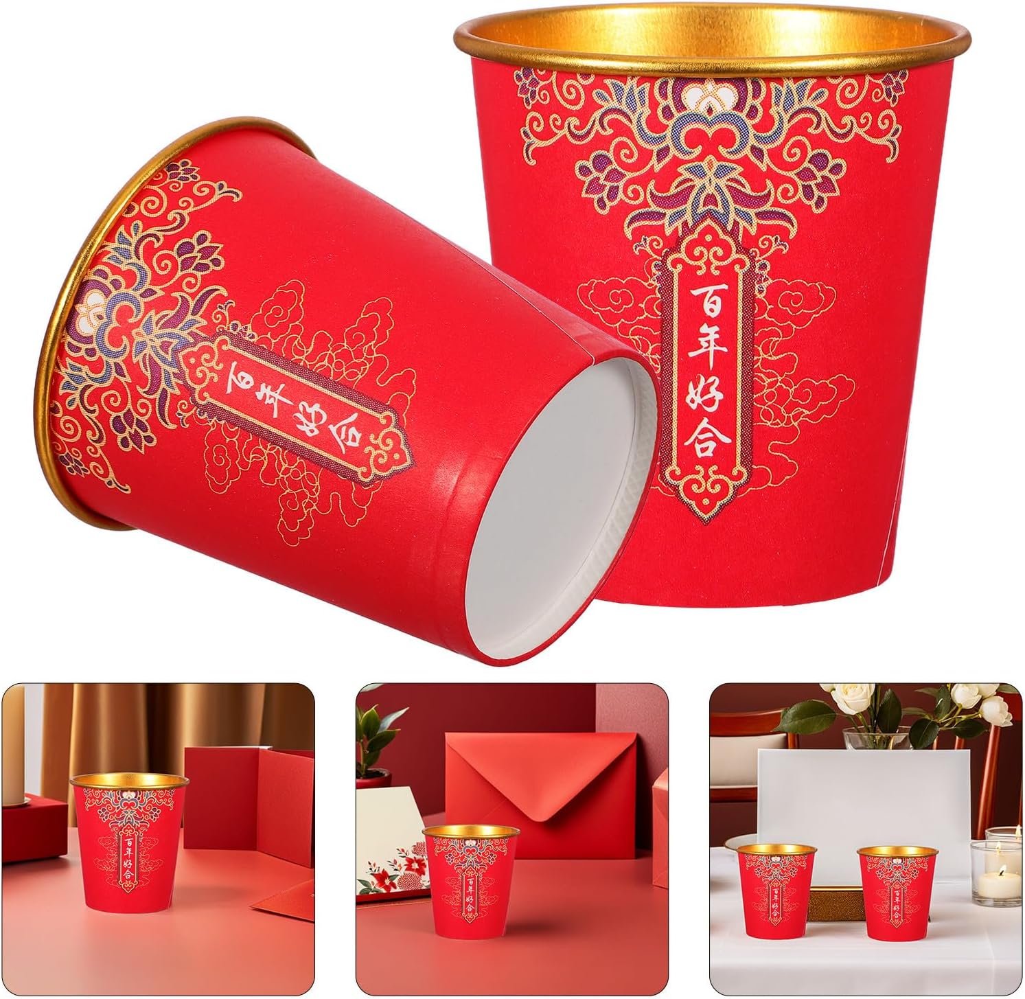 Tazas de papel desechables personalizadas con logo para bodas chinas, perfectas para el té y el café, ideales para decoración de fiestas y banquetes. Calidad garantizada del fabricante, paquete de 100 piezas en color rojo y dorado.