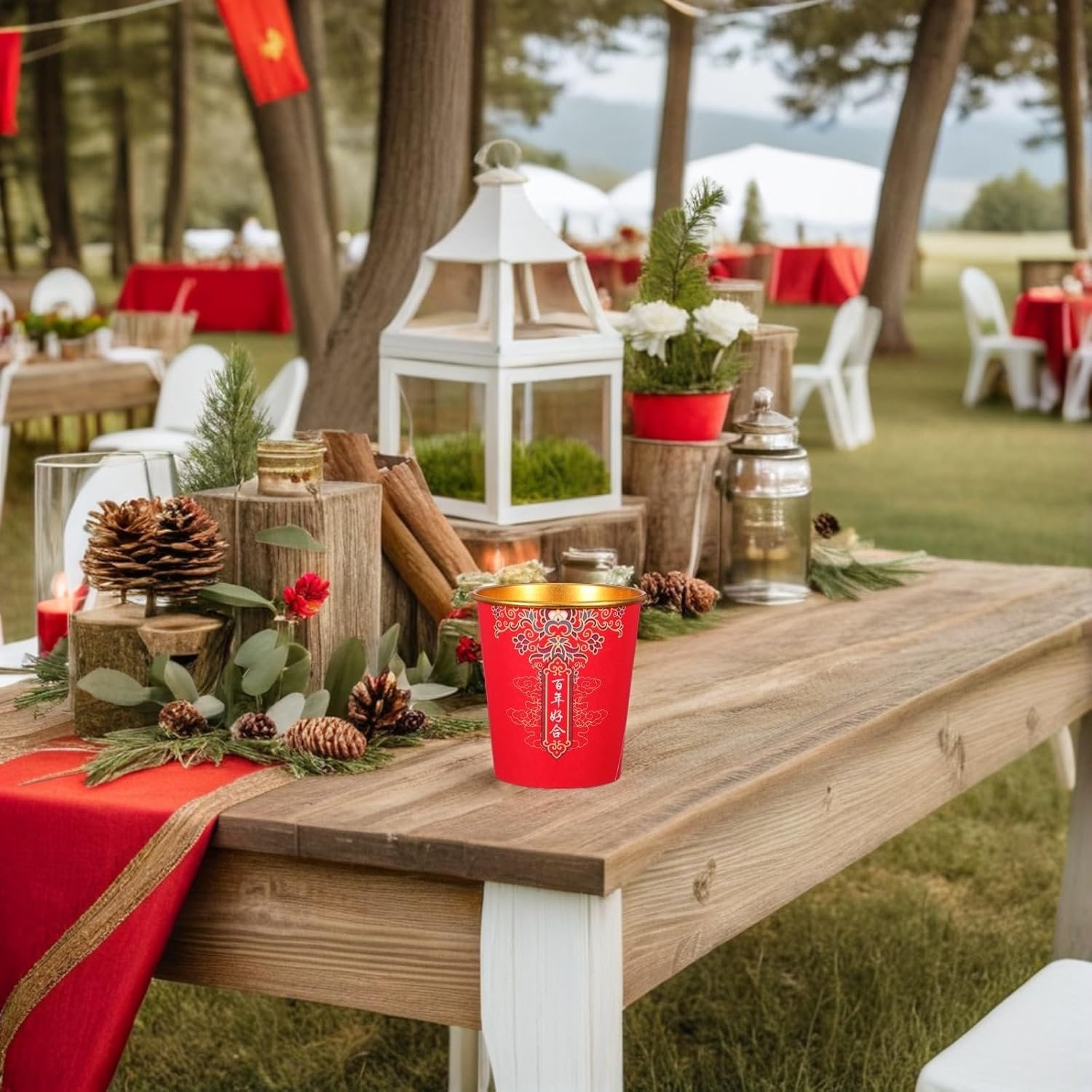 Tazas de papel desechables personalizadas con logo para bodas chinas, perfectas para el té y el café, ideales para decoración de fiestas y banquetes. Calidad garantizada del fabricante, paquete de 100 piezas en color rojo y dorado.