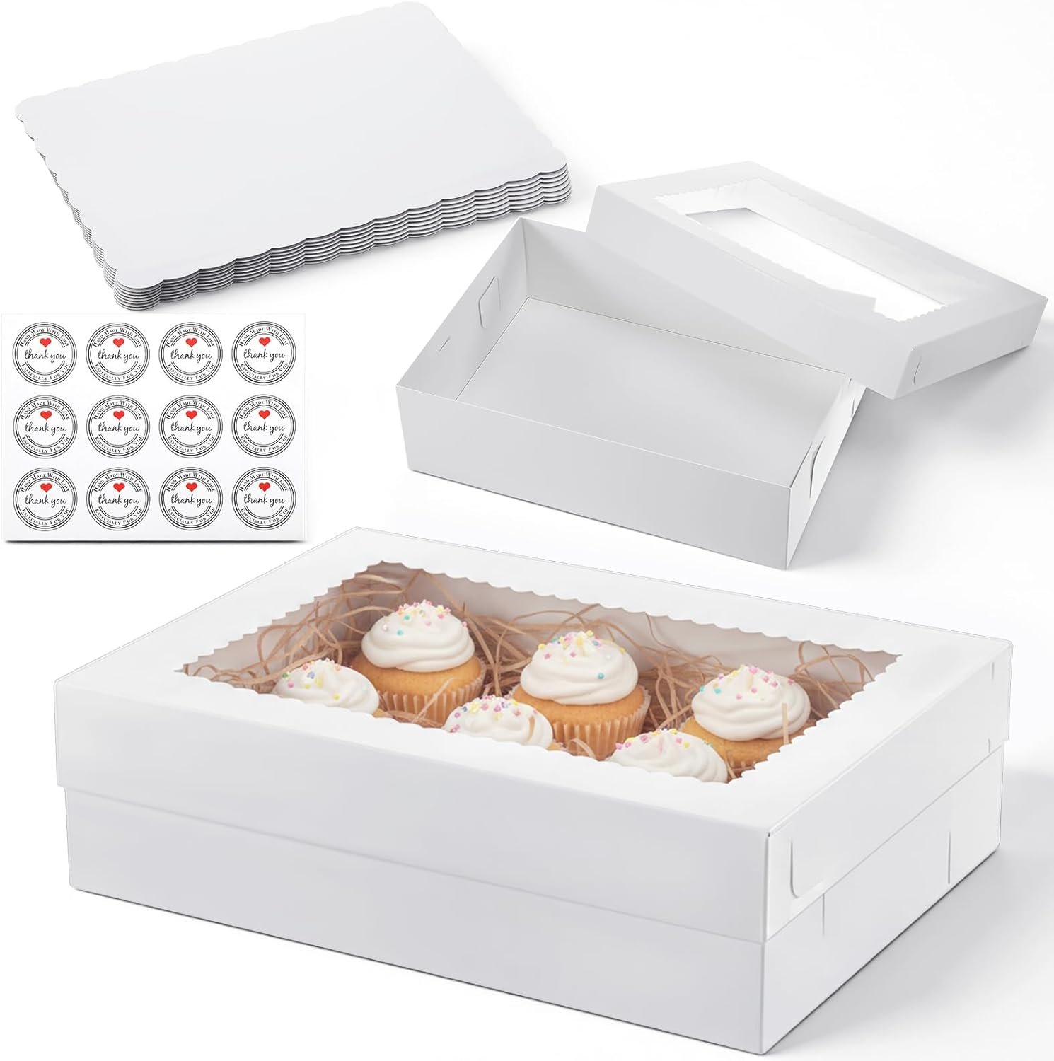 Logo Personalizado de Cajas para Pasteles 10 Pack 14x10x4 Pulgadas con Ventana Grande, Cajas Rectangulares para Pasteles de Media Hoja, Marca Blanca para Empaque de Pasteles, Donas, Cupcakes y Tartas de Fábrica.