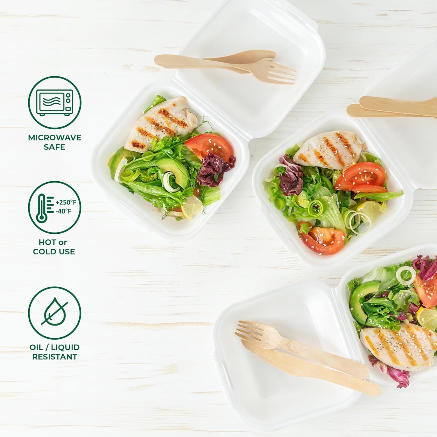 Contenedores de comida desechables apilables 6x6 [Paquete de 50] con tapas, biodegradables de caña de azúcar, ideal para llevar, Marca Blanca, disponibles a través de nuestro Proveedor, personaliza con tu Logo Personalizado.