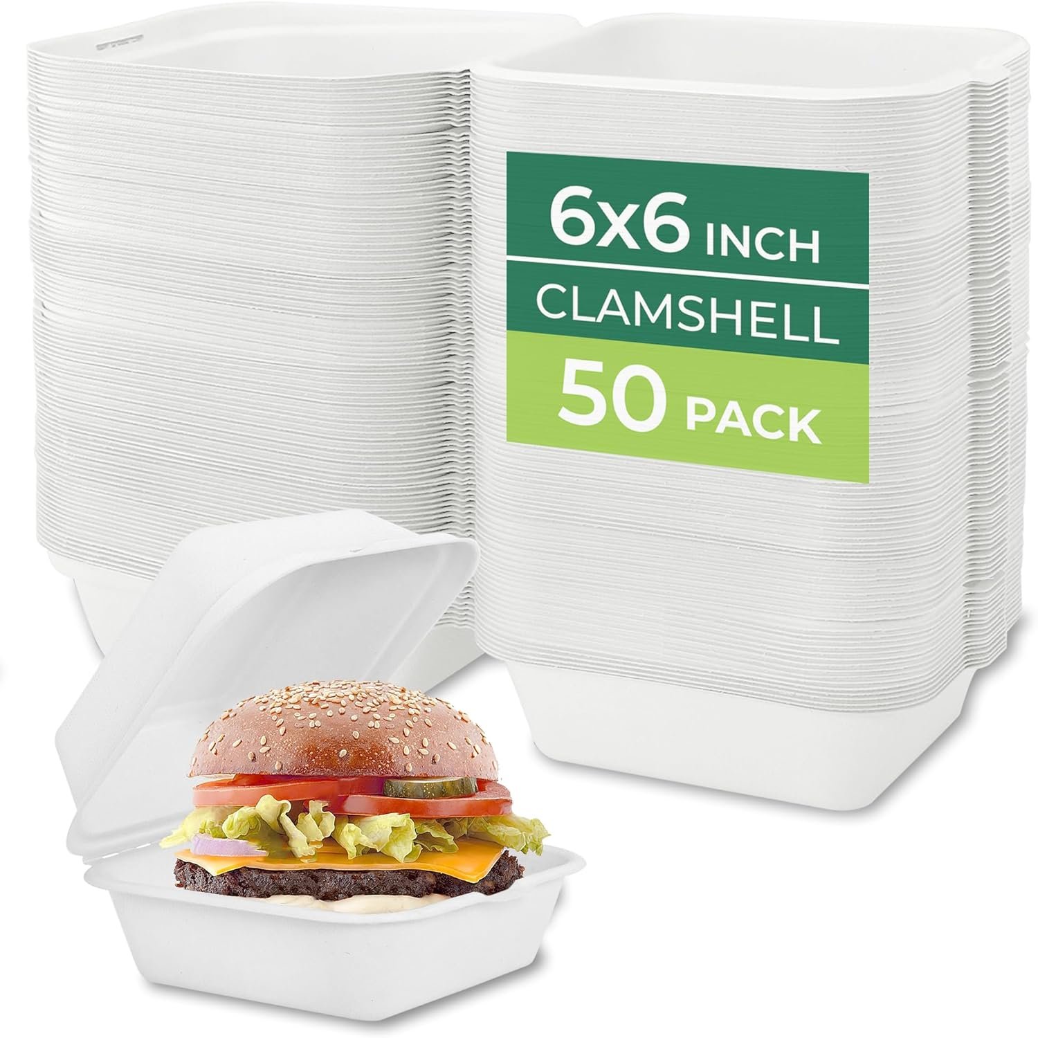 Contenedores de comida desechables apilables 6x6 [Paquete de 50] con tapas, biodegradables de caña de azúcar, ideal para llevar, Marca Blanca, disponibles a través de nuestro Proveedor, personaliza con tu Logo Personalizado.