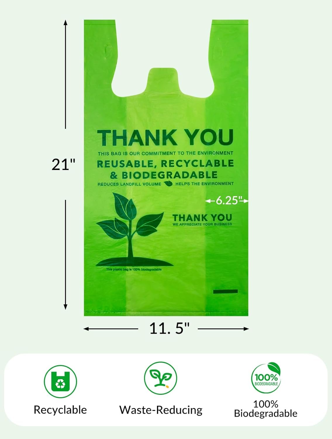 Bolsas de T-Shirt Biodegradables 500 Unidades con Logo Personalizado, Bolsas de Compras Compostables, Ecológicas y Resistentes 16 Mic, 11.5 x 6.25 x 21 Pulgadas, Proveedor de Marca Blanca.