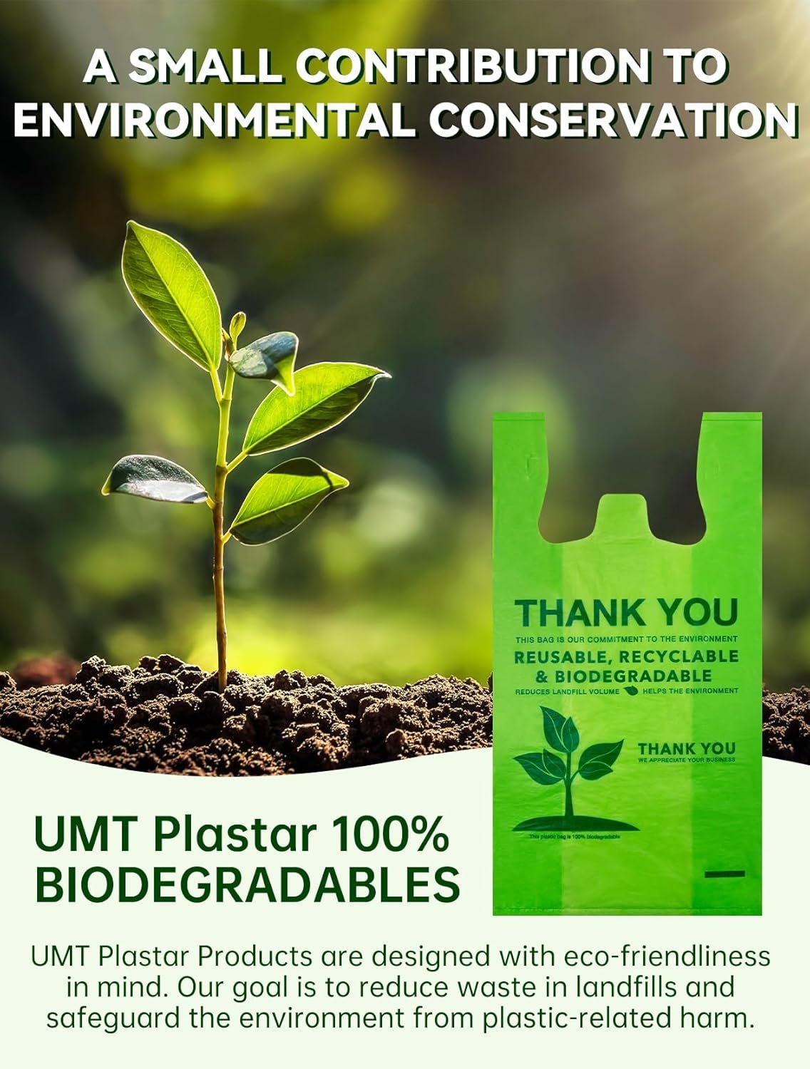 Bolsas de T-Shirt Biodegradables 500 Unidades con Logo Personalizado, Bolsas de Compras Compostables, Ecológicas y Resistentes 16 Mic, 11.5 x 6.25 x 21 Pulgadas, Proveedor de Marca Blanca.