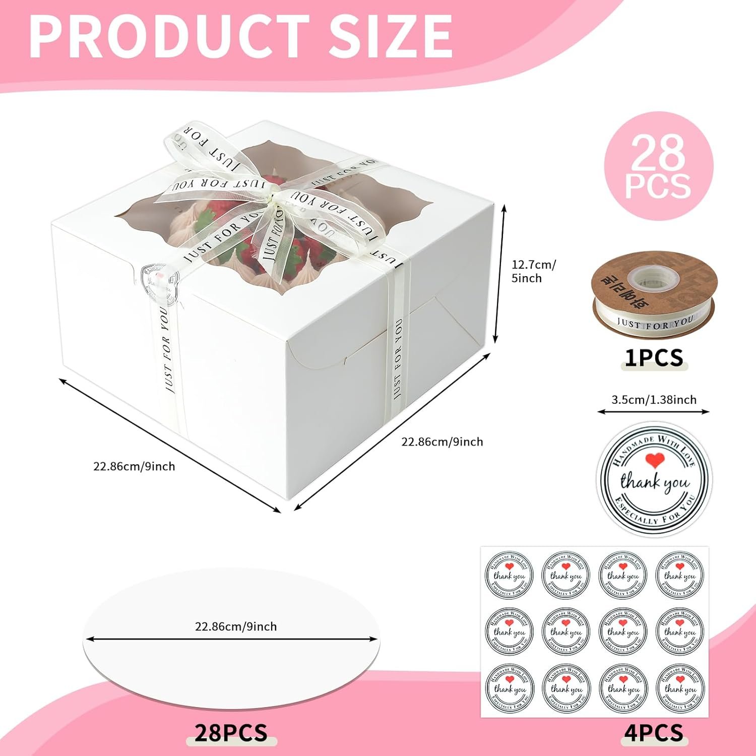 Logo Personalizado para Cajas de Pasteles Pequeñas 28 Packs 9x9x5 Pulgadas, Cajas de Repostería Blancas con Ventana, Contenedores de Pastel de 9 Pulgadas con Tapas para Cheesecake, Fiestas de Pascua y Día de la Madre, Proveedor de Envases.