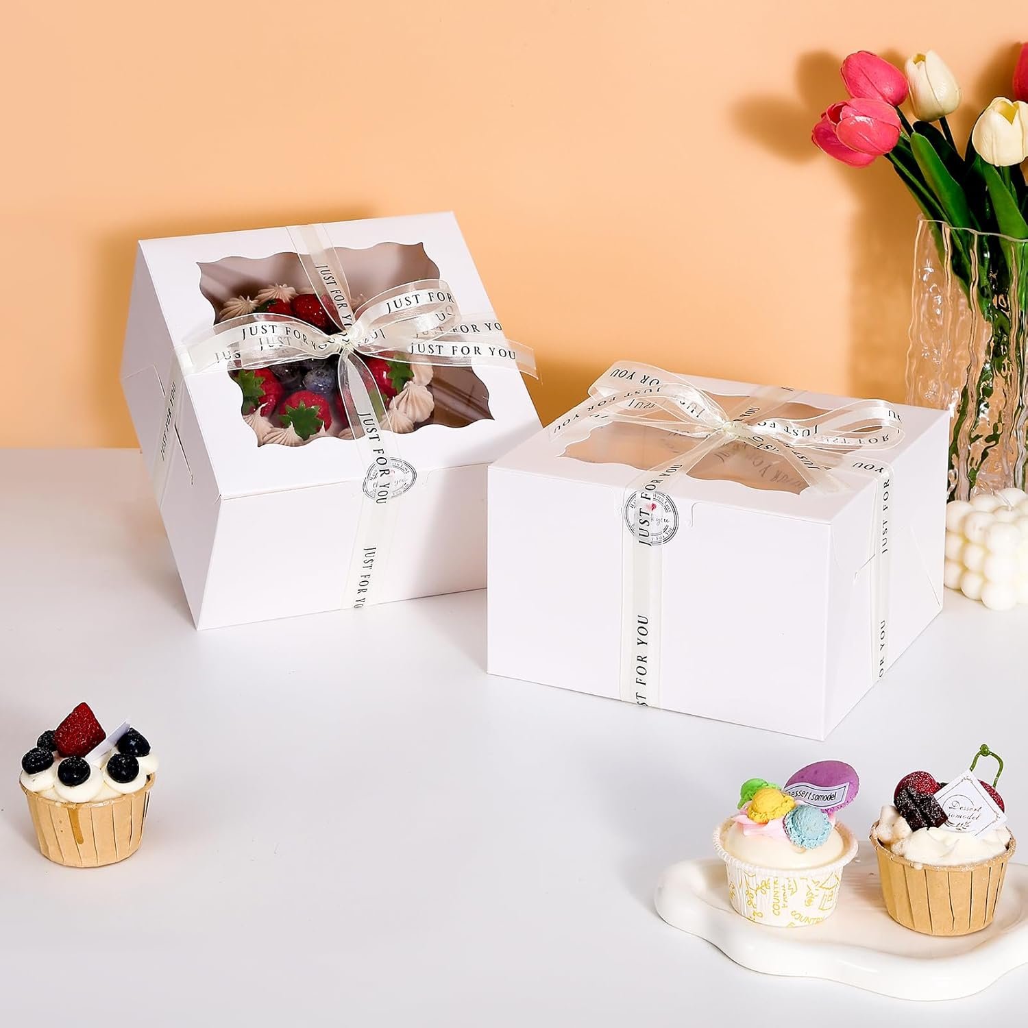 Logo Personalizado para Cajas de Pasteles Pequeñas 28 Packs 9x9x5 Pulgadas, Cajas de Repostería Blancas con Ventana, Contenedores de Pastel de 9 Pulgadas con Tapas para Cheesecake, Fiestas de Pascua y Día de la Madre, Proveedor de Envases.