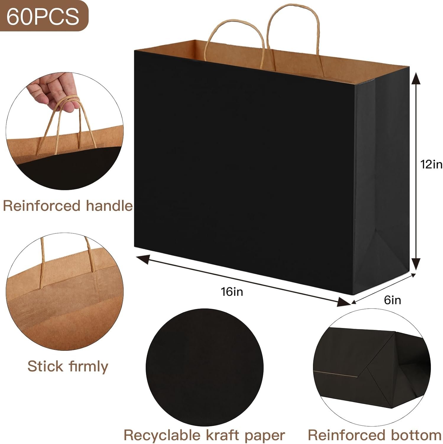 Bolsas de papel negro con asas de 60 piezas 16x6x12 pulgadas, ideales para regalos, comercio y tiendas minoristas, con opción de Logo Personalizado, Marca Blanca y Fábrica.