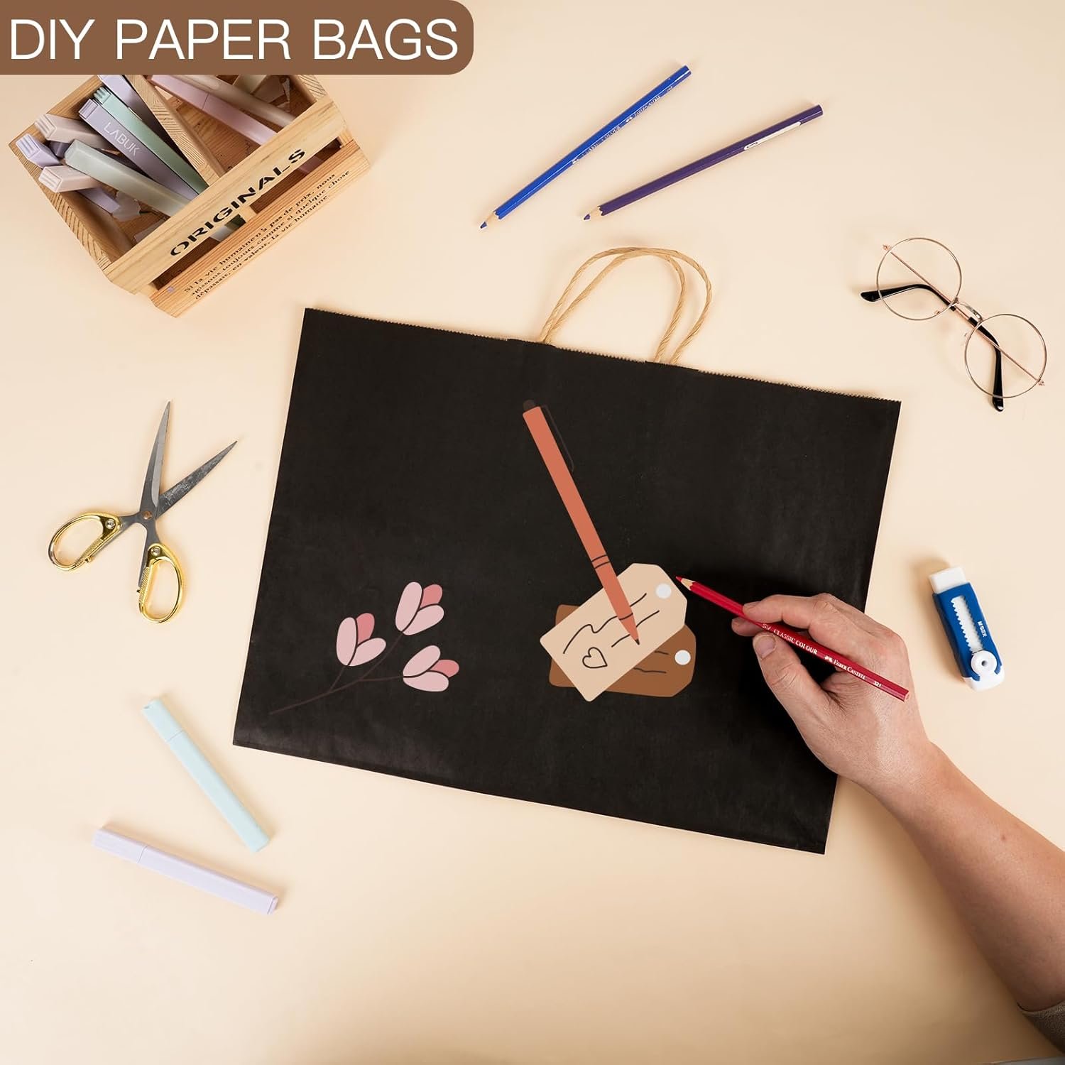 Bolsas de papel negro con asas de 60 piezas 16x6x12 pulgadas, ideales para regalos, comercio y tiendas minoristas, con opción de Logo Personalizado, Marca Blanca y Fábrica.