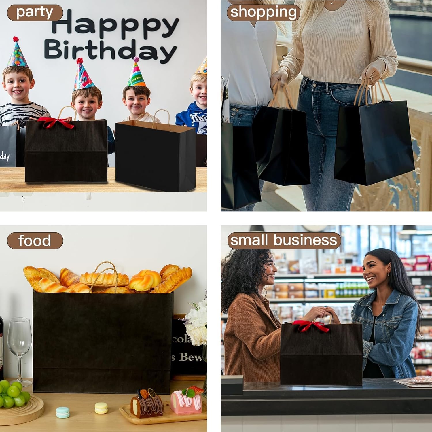 Bolsas de papel negro con asas de 60 piezas 16x6x12 pulgadas, ideales para regalos, comercio y tiendas minoristas, con opción de Logo Personalizado, Marca Blanca y Fábrica.