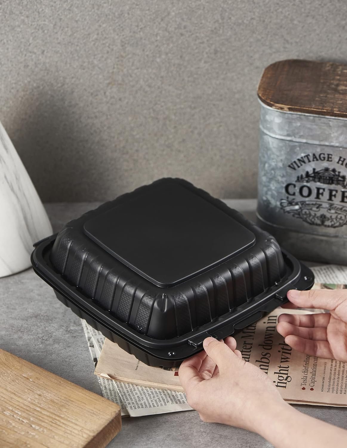 Logo Personalizado Caja de Comida desechable de 3 compartimentos de 8x8 pulgadas, 50 piezas, resistentes a microondas y cortes, con tapa de bisagra, Fábrica de envases plásticos.