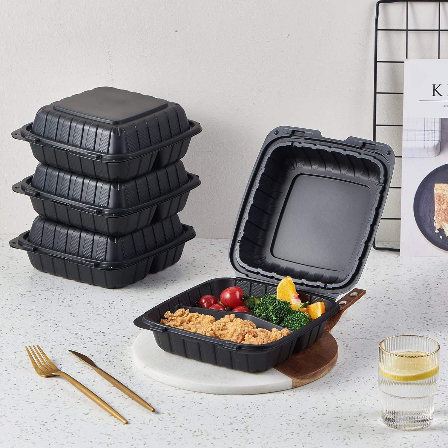 Logo Personalizado Caja de Comida desechable de 3 compartimentos de 8x8 pulgadas, 50 piezas, resistentes a microondas y cortes, con tapa de bisagra, Fábrica de envases plásticos.