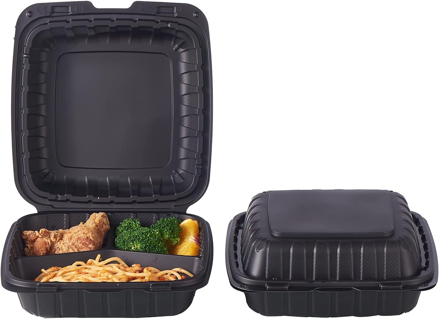 Logo Personalizado Caja de Comida desechable de 3 compartimentos de 8x8 pulgadas, 50 piezas, resistentes a microondas y cortes, con tapa de bisagra, Fábrica de envases plásticos.