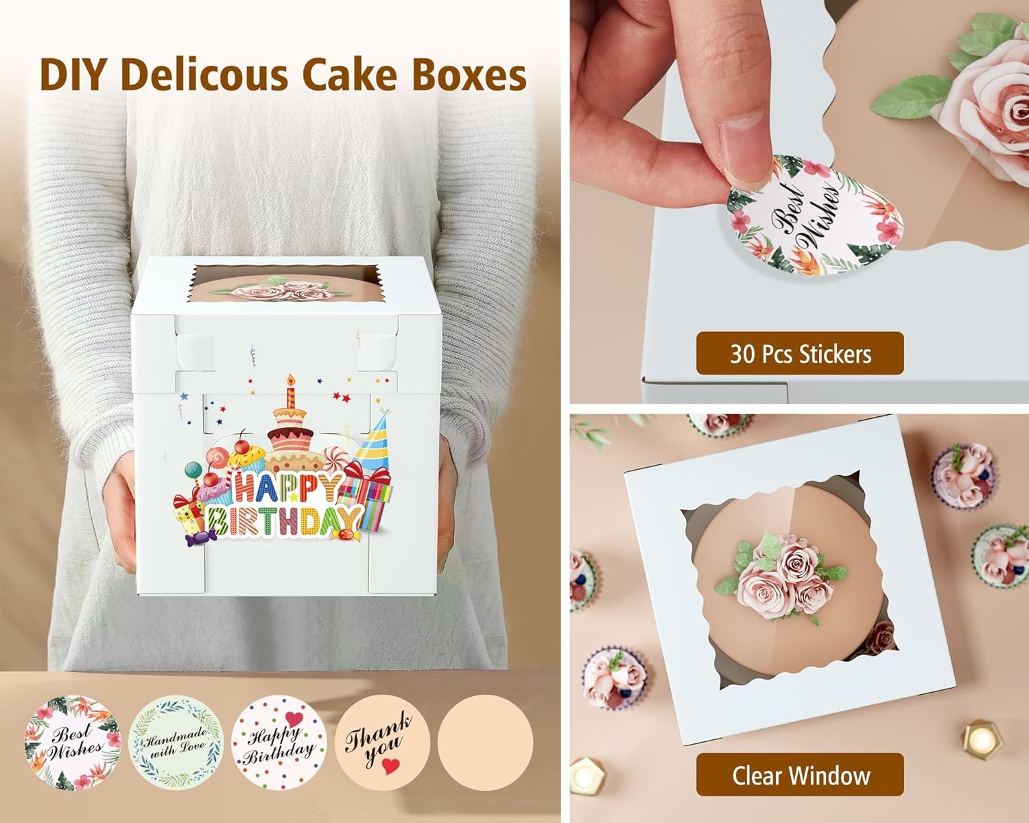 Logo Personalizado Cajas para Pasteles Corrugadas de 10 Piezas en 2 Tamaños - 12x12x12 y 10x10x10 Pulgadas, Cajas Desechables de Cartón para Postres, Proveedor de Transportadores para Pasteles de Capas, Cumpleaños, Bodas, Fiestas, Marca Blanca