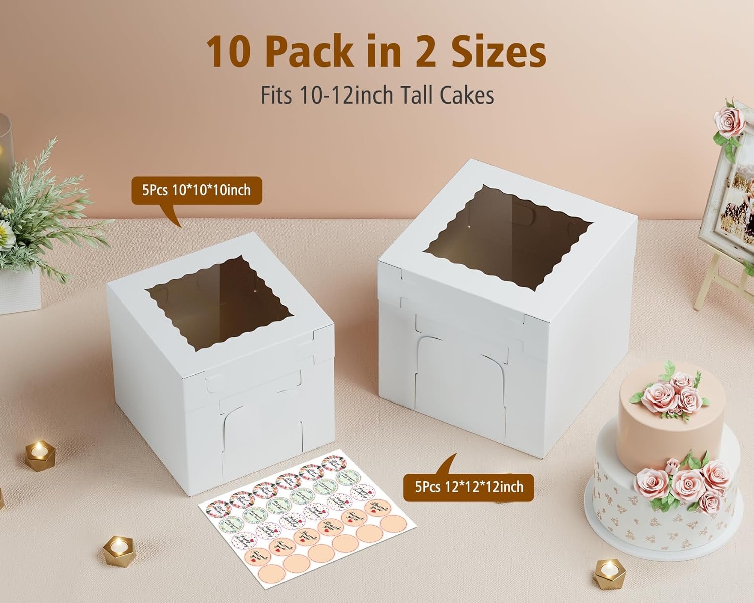 Logo Personalizado Cajas para Pasteles Corrugadas de 10 Piezas en 2 Tamaños - 12x12x12 y 10x10x10 Pulgadas, Cajas Desechables de Cartón para Postres, Proveedor de Transportadores para Pasteles de Capas, Cumpleaños, Bodas, Fiestas, Marca Blanca