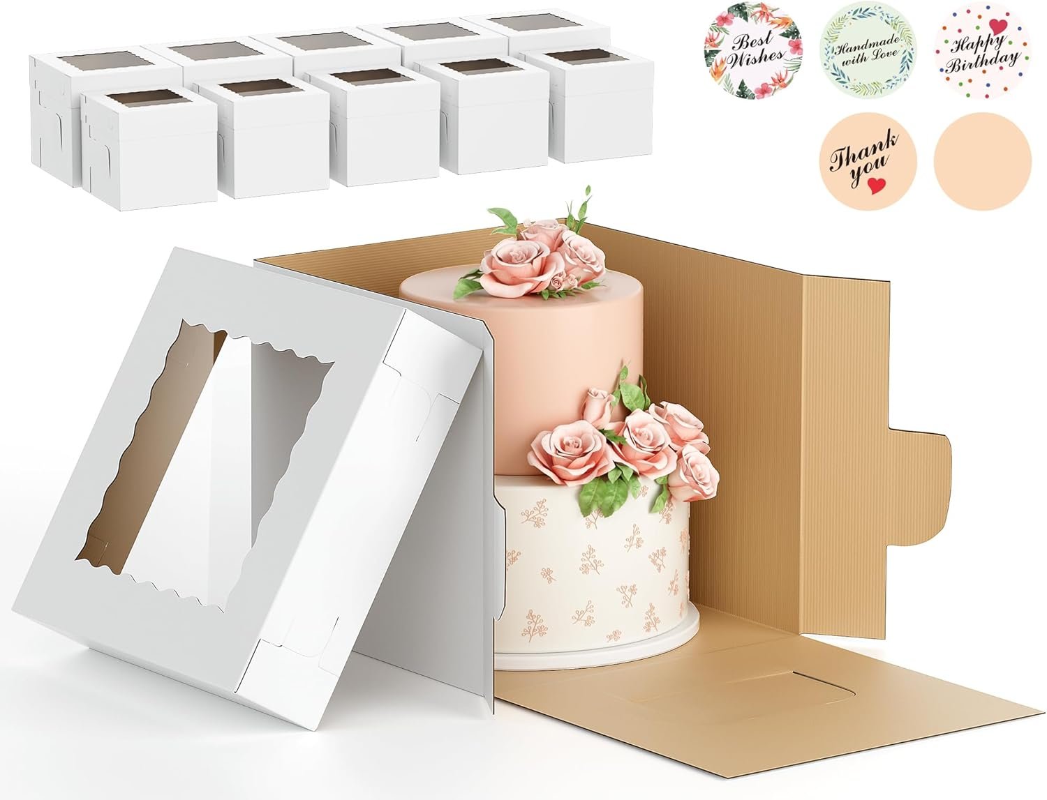 Logo Personalizado Cajas para Pasteles Corrugadas de 10 Piezas en 2 Tamaños - 12x12x12 y 10x10x10 Pulgadas, Cajas Desechables de Cartón para Postres, Proveedor de Transportadores para Pasteles de Capas, Cumpleaños, Bodas, Fiestas, Marca Blanca