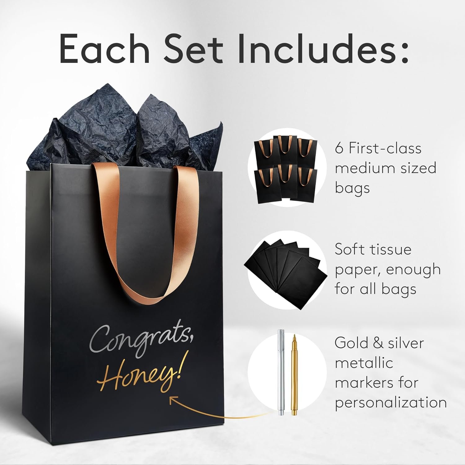 Bolsas de regalo negras personalizadas con logo, con marcadores metálicos para personalización y papel de seda, tamaño medio 8x10″, resistentes y mate. Ideal para cumpleaños. Proveedor de marca blanca.