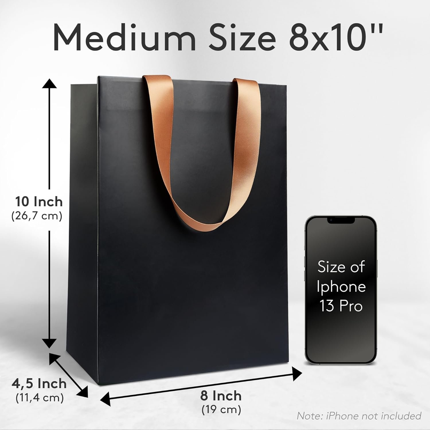 Bolsas de regalo negras personalizadas con logo, con marcadores metálicos para personalización y papel de seda, tamaño medio 8x10″, resistentes y mate. Ideal para cumpleaños. Proveedor de marca blanca.