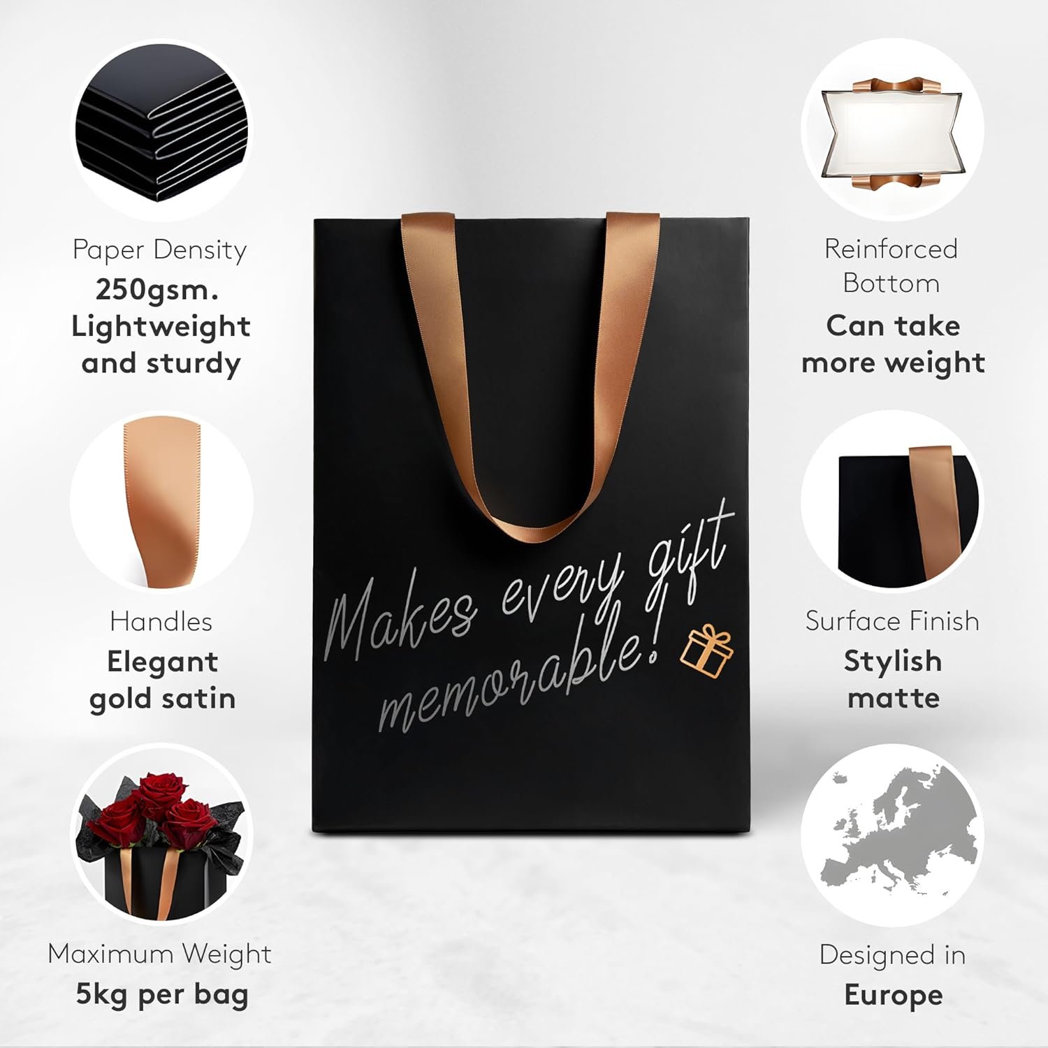 Bolsas de regalo negras personalizadas con logo, con marcadores metálicos para personalización y papel de seda, tamaño medio 8x10″, resistentes y mate. Ideal para cumpleaños. Proveedor de marca blanca.