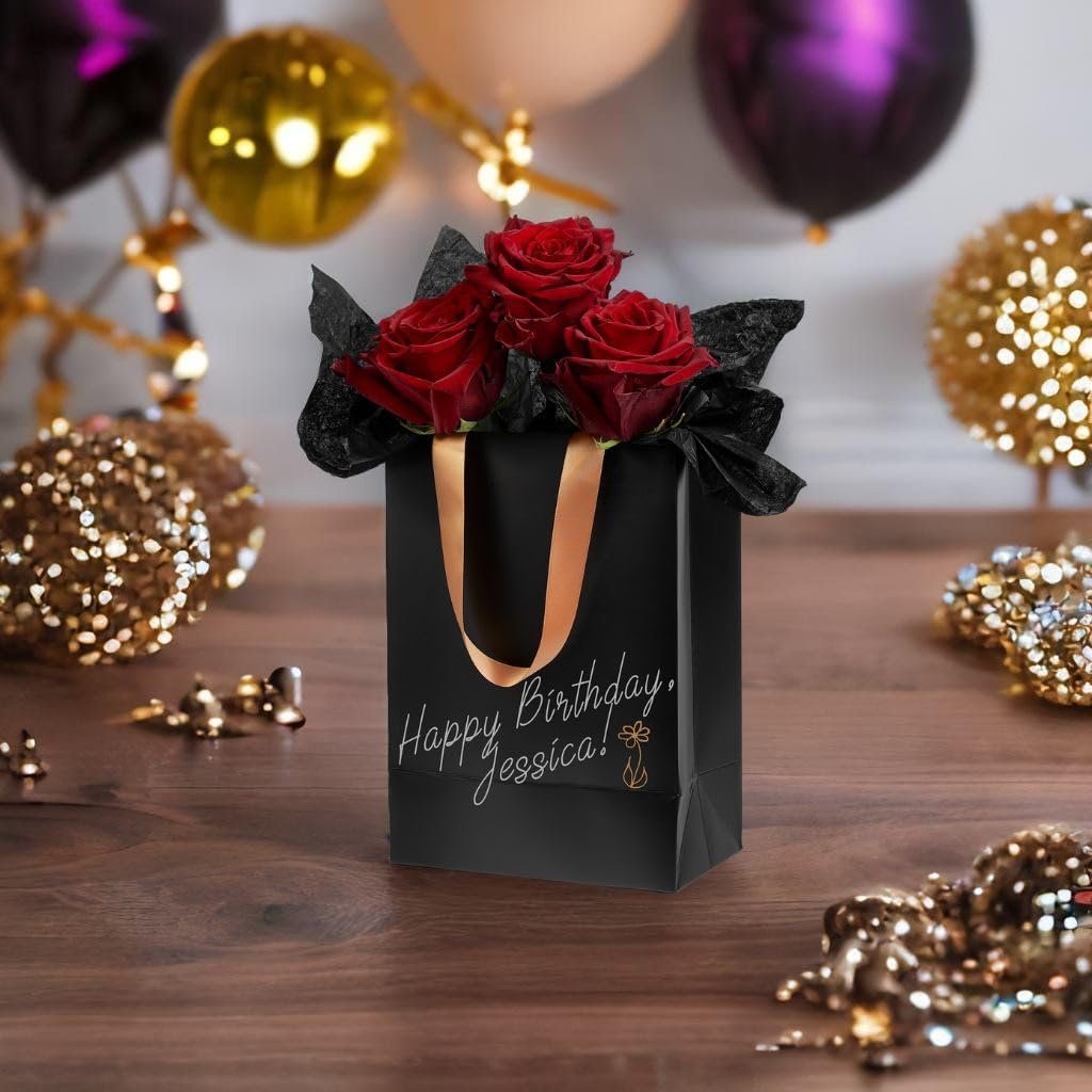 Bolsas de regalo negras personalizadas con logo, con marcadores metálicos para personalización y papel de seda, tamaño medio 8x10″, resistentes y mate. Ideal para cumpleaños. Proveedor de marca blanca.