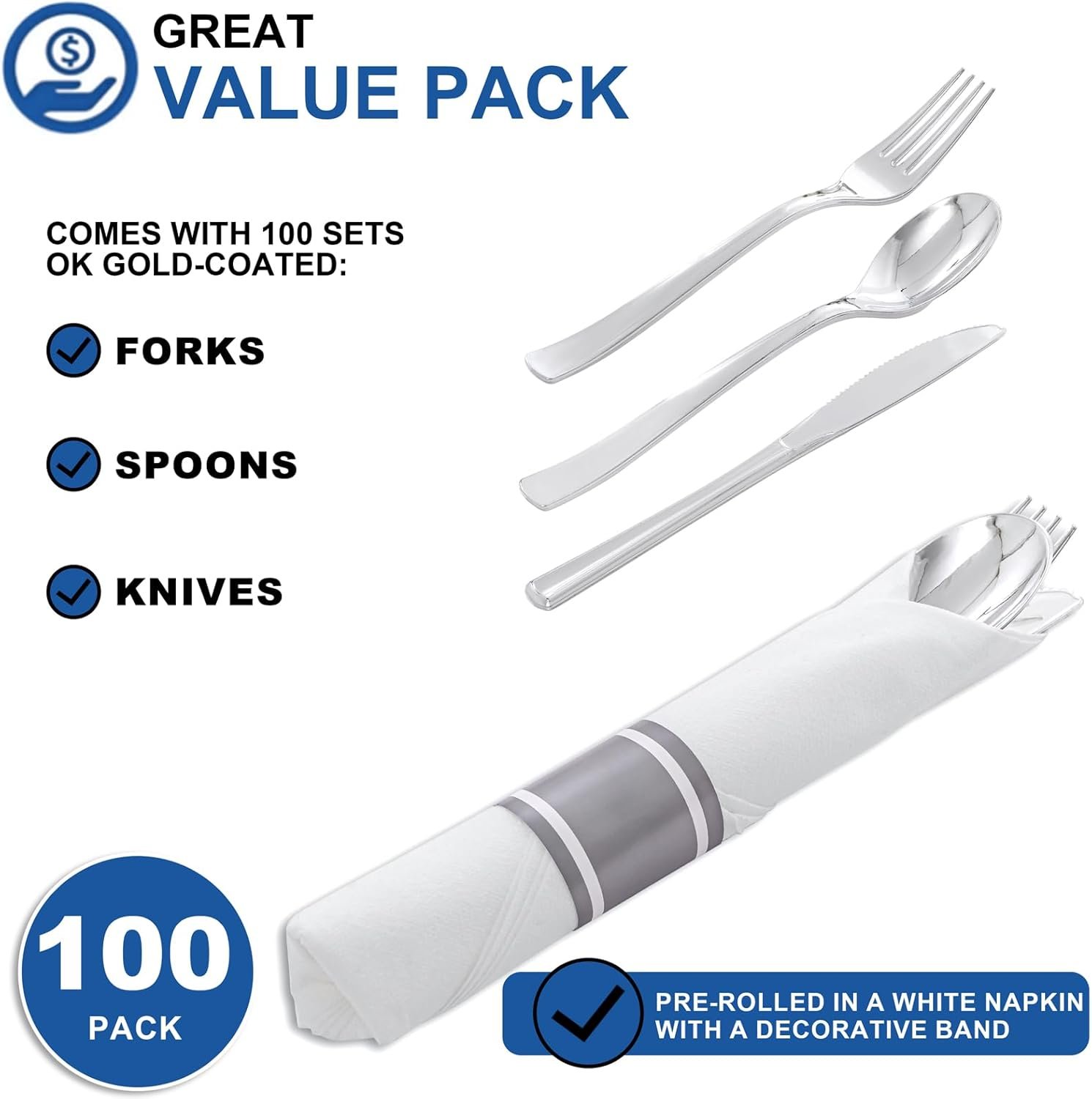 Sets de Cubiertos Desechables de Plástico Plata 400PCS - Incluye 100 Utensilios Envueltos con Servilletas para Fiestas y Bodas - Marca Blanca de Proveedor Fábrica Sets de Cubiertos Desechables de Plástico Plata 400PCS - Incluye 100 Utensilios Envueltos con Servilletas para Fiestas y Bodas - Marca Blanca de Proveedor Fábrica
