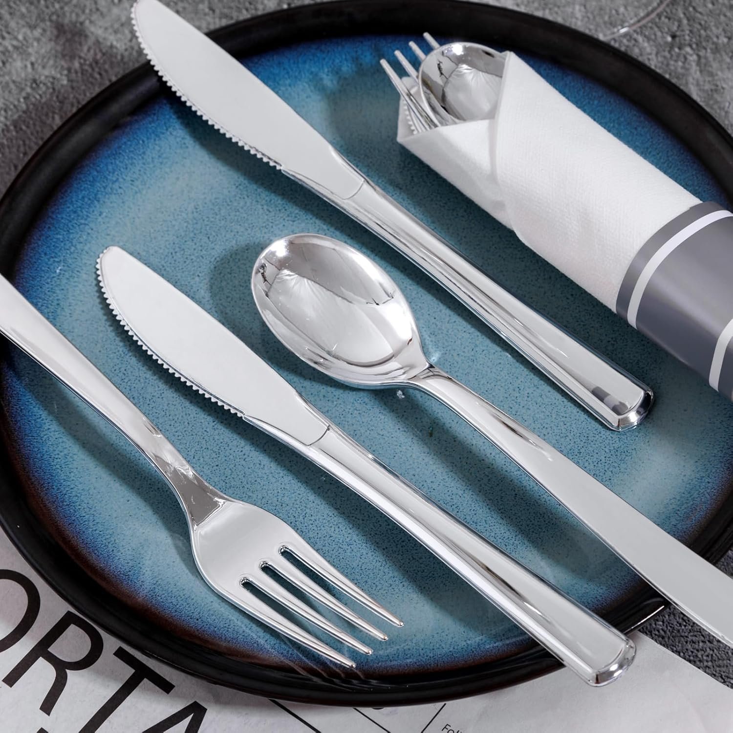 Sets de Cubiertos Desechables de Plástico Plata 400PCS - Incluye 100 Utensilios Envueltos con Servilletas para Fiestas y Bodas - Marca Blanca de Proveedor Fábrica Sets de Cubiertos Desechables de Plástico Plata 400PCS - Incluye 100 Utensilios Envueltos con Servilletas para Fiestas y Bodas - Marca Blanca de Proveedor Fábrica
