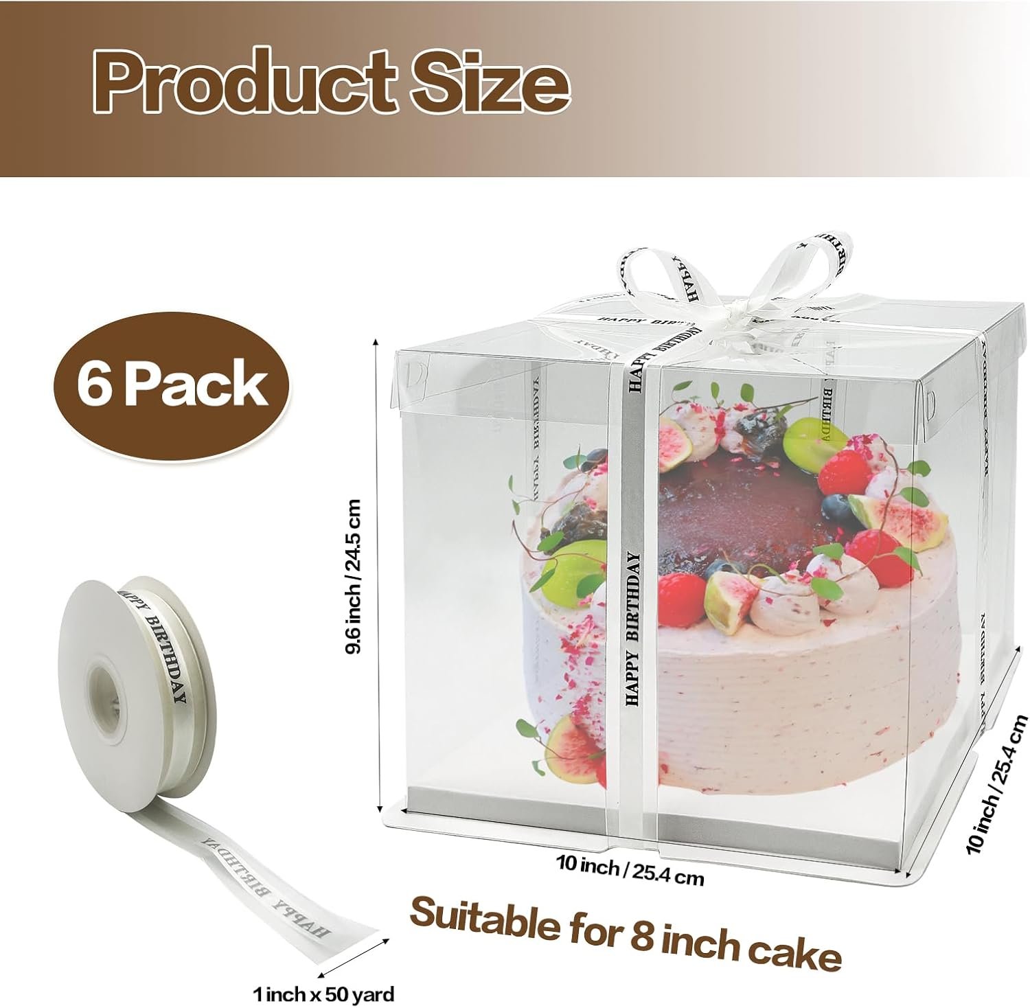 Caja de pastel transparente con logo personalizado - Paquete de 6, medidas 10 x 10 x 9.75 pulgadas, cajas de transporte para tortas de dos capas, con cinta y tapa, ideal para bodas, cumpleaños y festivales, ofrecidas por un proveedor de calidad.