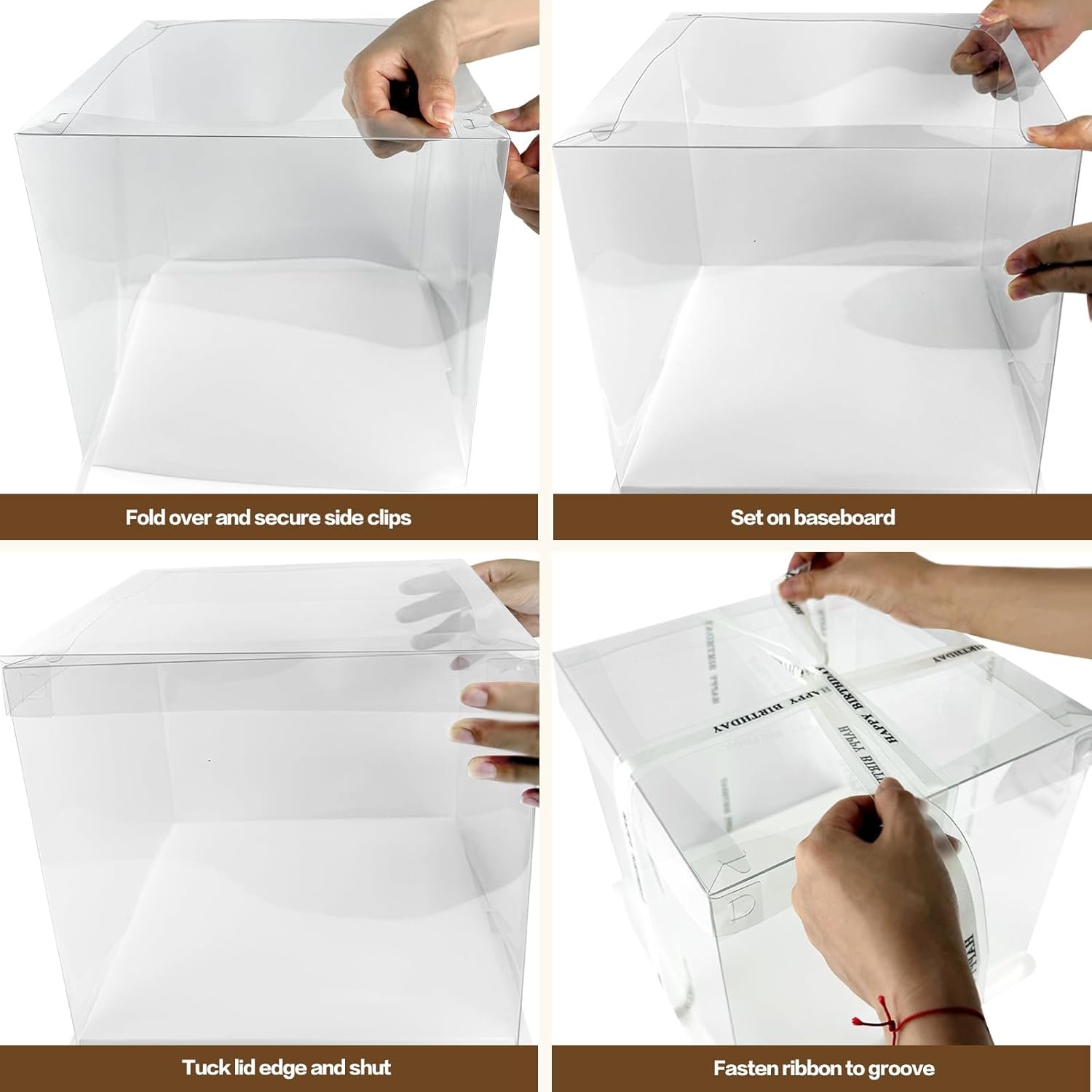 Caja de pastel transparente con logo personalizado - Paquete de 6, medidas 10 x 10 x 9.75 pulgadas, cajas de transporte para tortas de dos capas, con cinta y tapa, ideal para bodas, cumpleaños y festivales, ofrecidas por un proveedor de calidad.