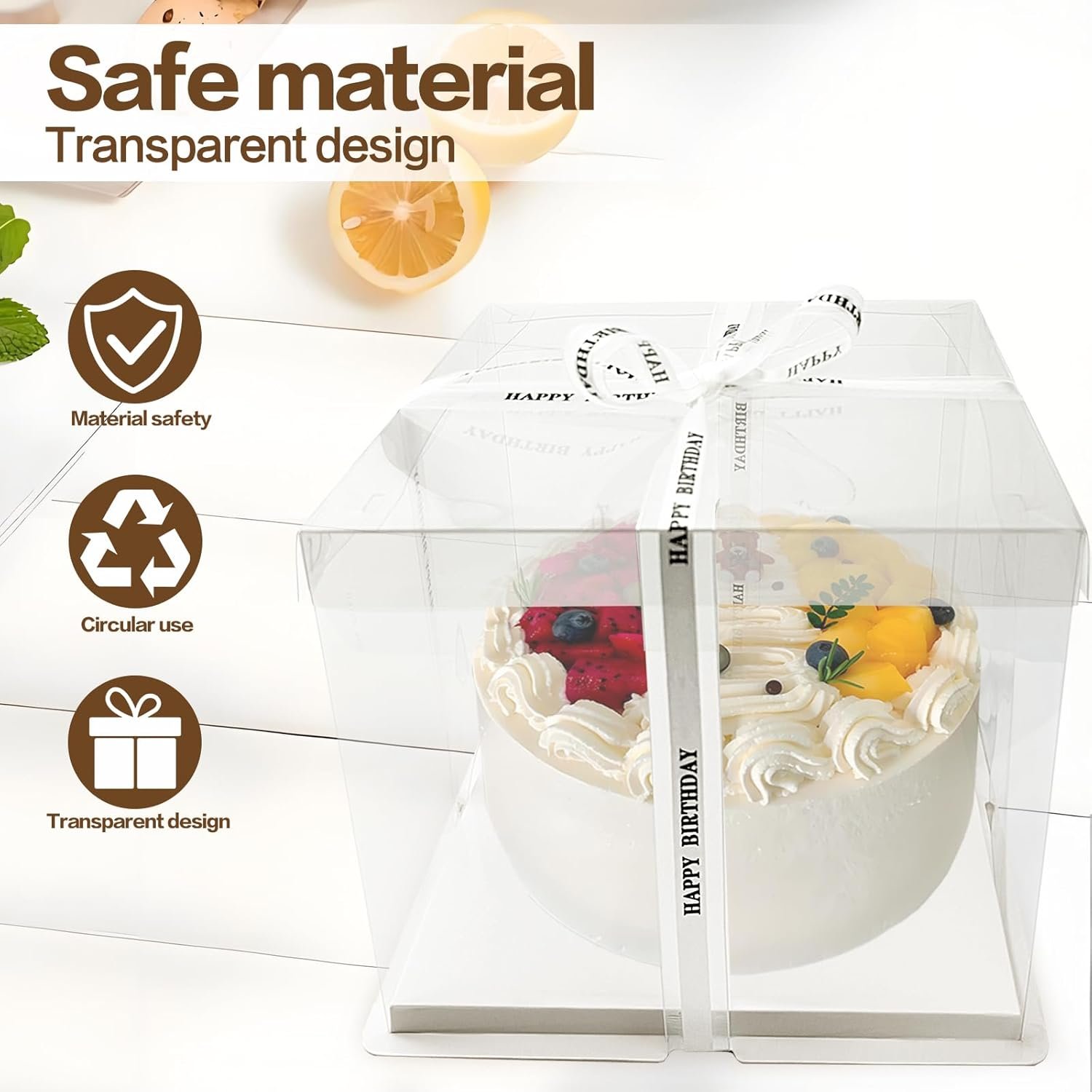 Caja de pastel transparente con logo personalizado - Paquete de 6, medidas 10 x 10 x 9.75 pulgadas, cajas de transporte para tortas de dos capas, con cinta y tapa, ideal para bodas, cumpleaños y festivales, ofrecidas por un proveedor de calidad.