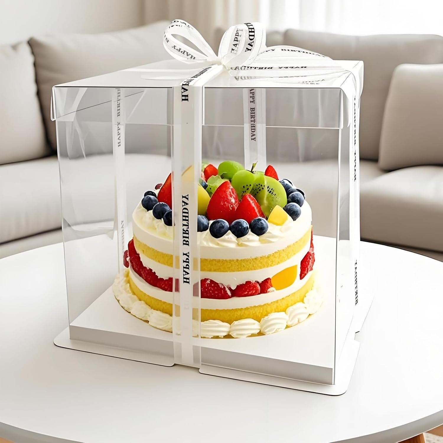 Caja de pastel transparente con logo personalizado - Paquete de 6, medidas 10 x 10 x 9.75 pulgadas, cajas de transporte para tortas de dos capas, con cinta y tapa, ideal para bodas, cumpleaños y festivales, ofrecidas por un proveedor de calidad.