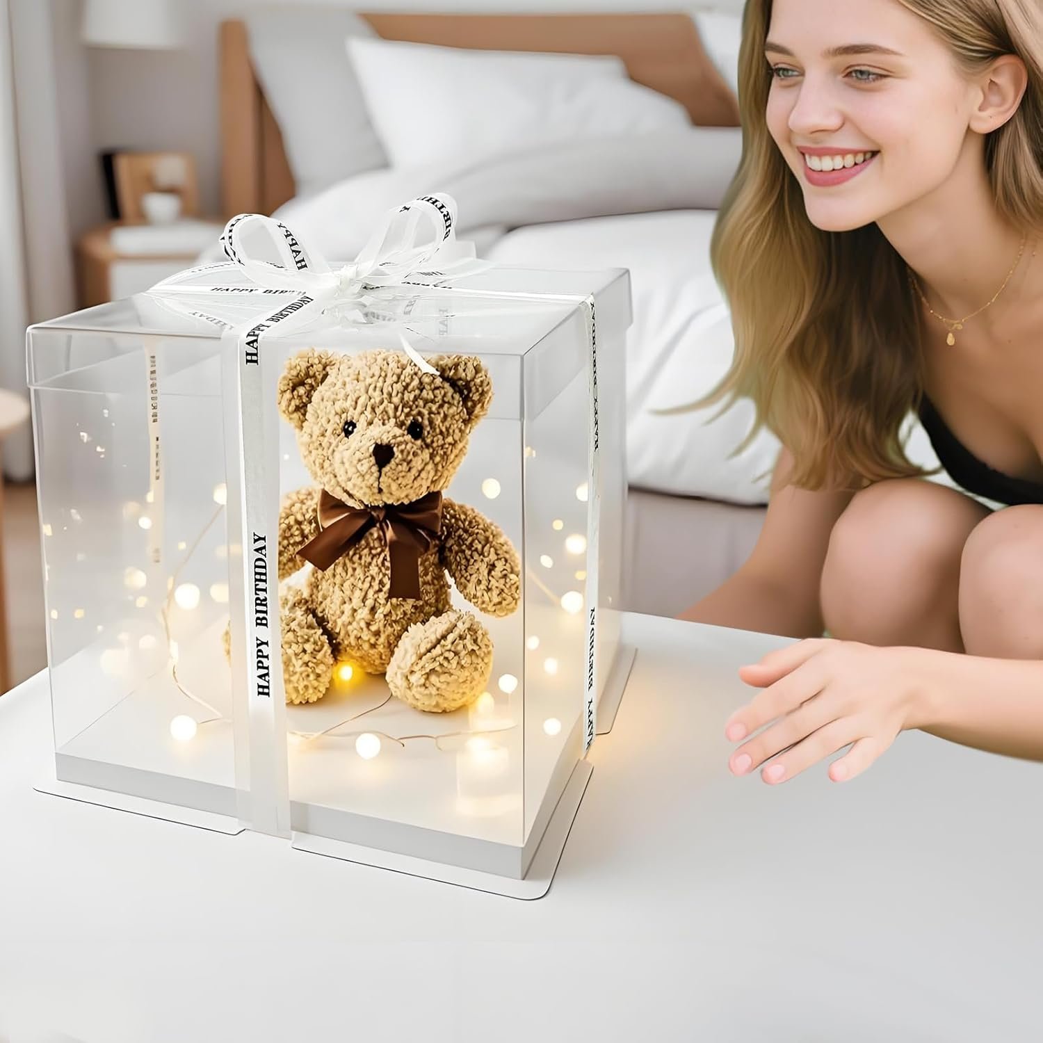 Caja de pastel transparente con logo personalizado - Paquete de 6, medidas 10 x 10 x 9.75 pulgadas, cajas de transporte para tortas de dos capas, con cinta y tapa, ideal para bodas, cumpleaños y festivales, ofrecidas por un proveedor de calidad.