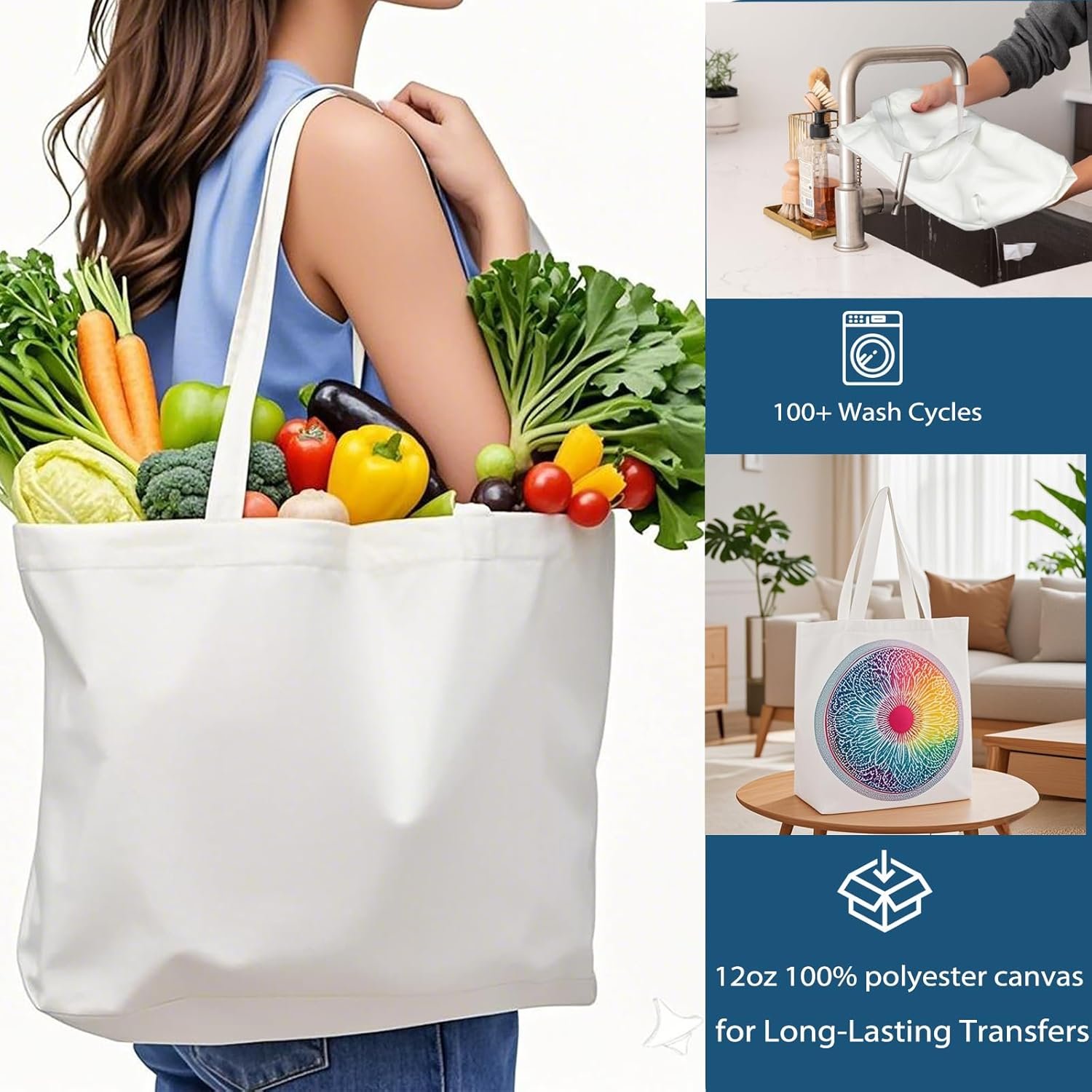 Logo Personalizado Mochilas Tote de Sublimación en Blanco, Bolsa Grande de Lona de Poliéster de 12 oz con Cremallera y Asas Largas, Fabricante para Compras Reutilizables. Logo Personalizado Mochilas Tote de Sublimación en Blanco, Bolsa Grande de Lona de Poliéster de 12 oz con Cremallera y Asas Largas, Fabricante para Compras Reutilizables.